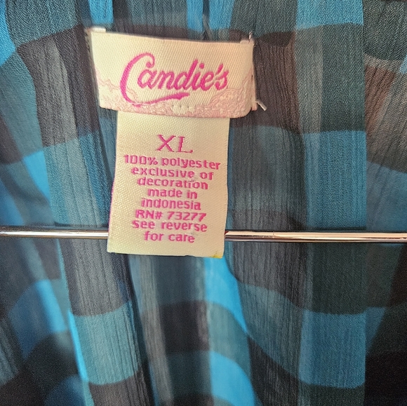 Candie's XL Blue & Black Plaid Sheer Blouse Bell Sleeve Velvet Tie Boho Top - Picture 6 of 9